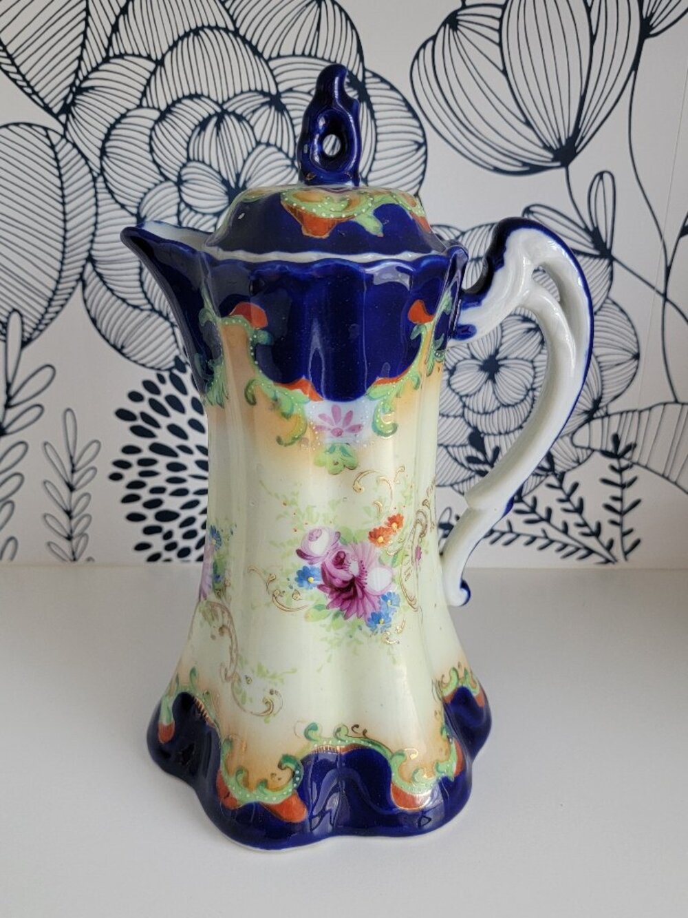 VTG Nippon Hand Painted Porcelain Chocolate Pot Cobalt Blue Gold Floral Japan